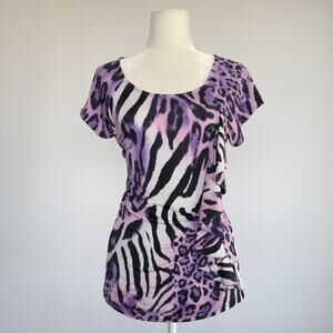 Marc Bouwer Tunic Blouse Womens M Purple Animal Print Ruffle Scoop Neck Top